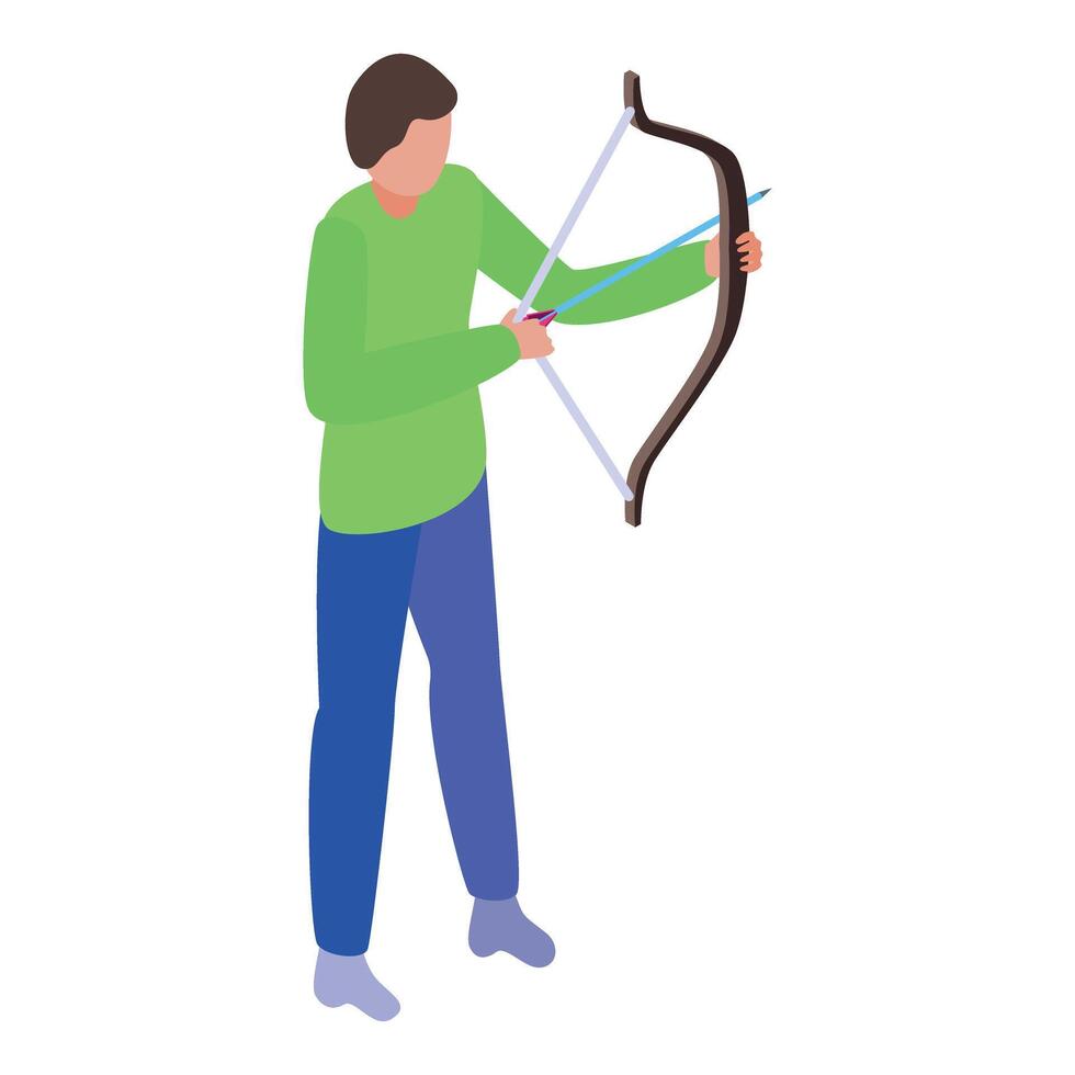 Young male athlete practicing archery aiming with bow and arrow isometric icon vector