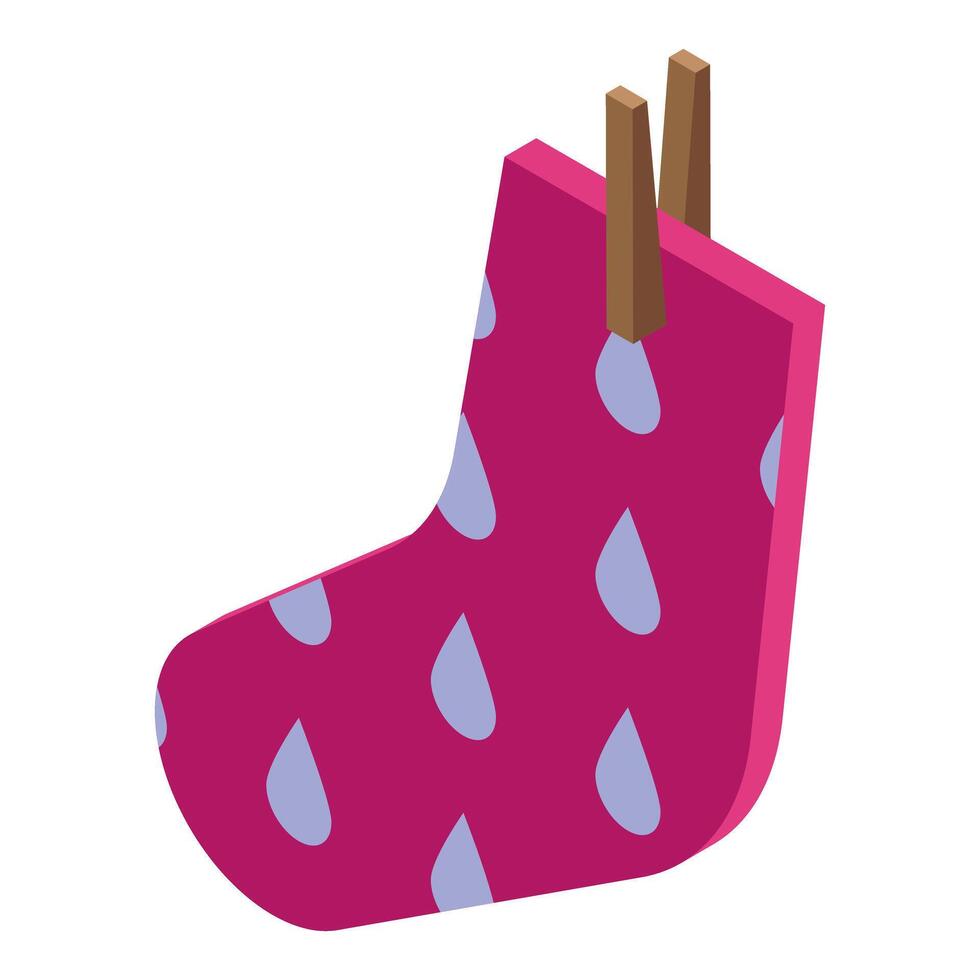 Pink sock drying on clothesline with clothespins isometric illustration vector