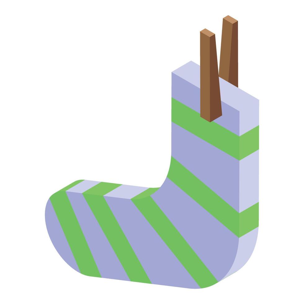 Striped sock hanging on clothesline with clothespins isometric icon vector