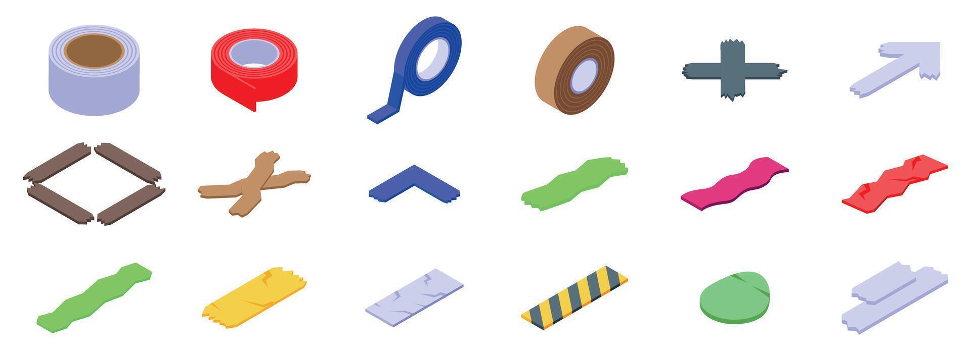 Duct tape icons set. Adhesive tape set for fixing and gluing different objects vector