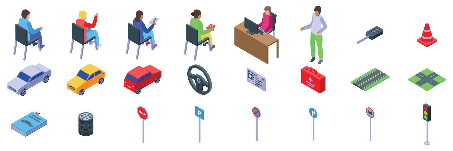 Driving school lessons icons set. Driving school elements showing students learning road rules and instructor explaining traffic laws vector