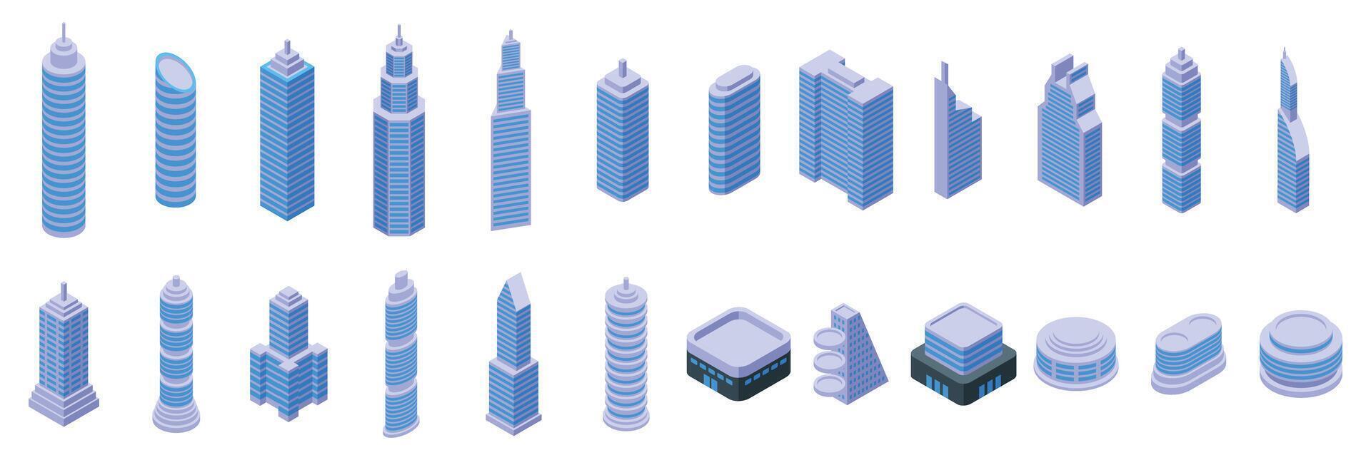Futuristic metropolis architecture icons set. Collection of modern skyscrapers buildings for urban landscape project vector