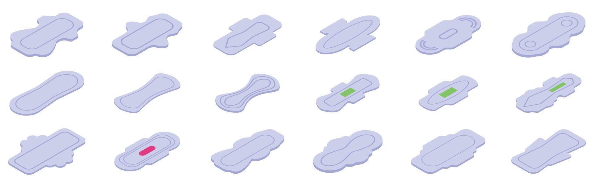 Sanitary napkins icons set. Set of sanitary pads with wings isometric icons vector