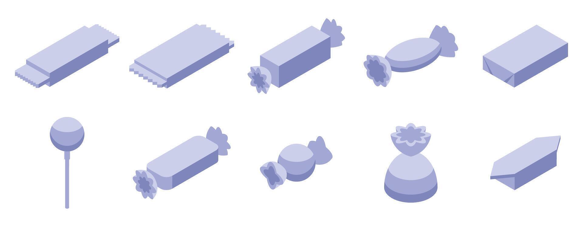 Candy wrappers icons set. Different types of sweets and candies packaging are shown from an isometric view vector