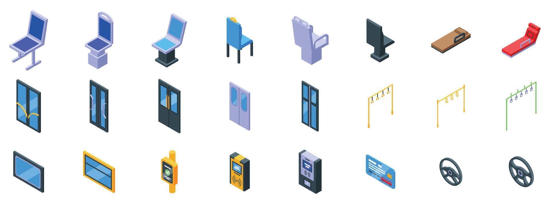 Bus interior icons set. Public transport elements showing comfort and convenience for passengers vector