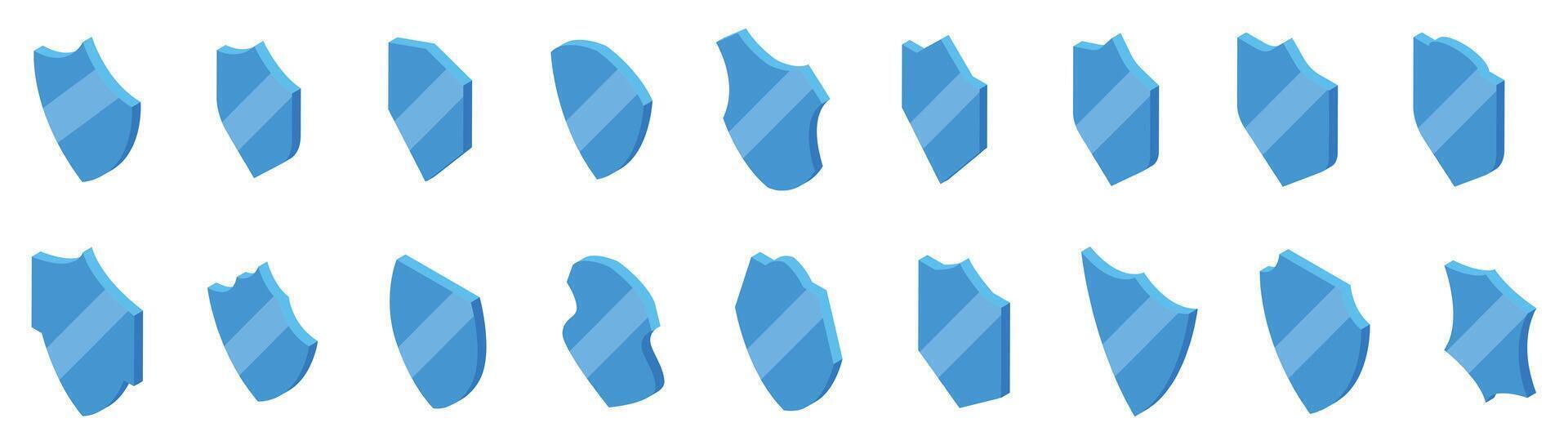 Glass protect shield icons set. Blue shield icons showing different angles and perspectives for security concepts vector