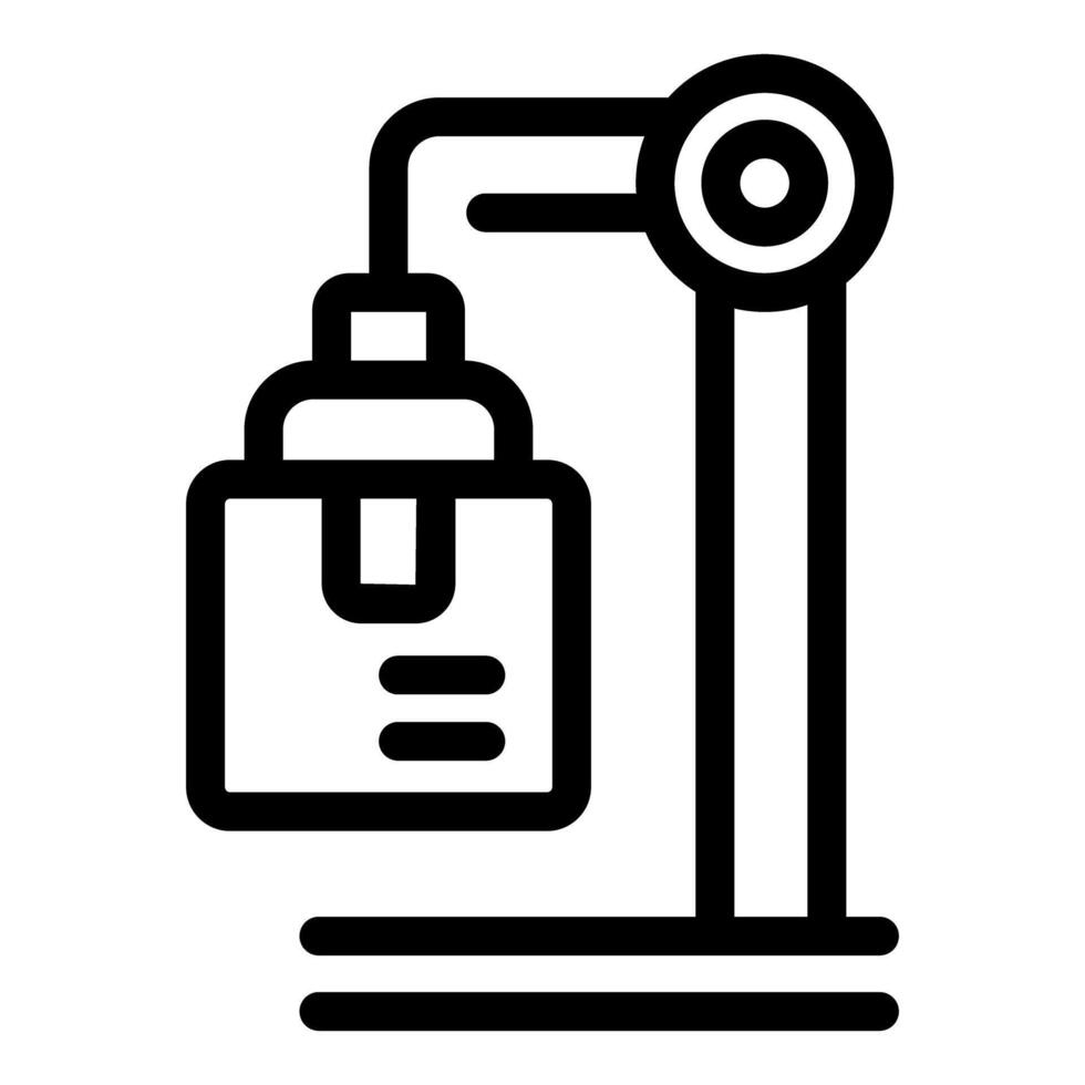 Robotic arm lifting parcel in warehouse line icon vector