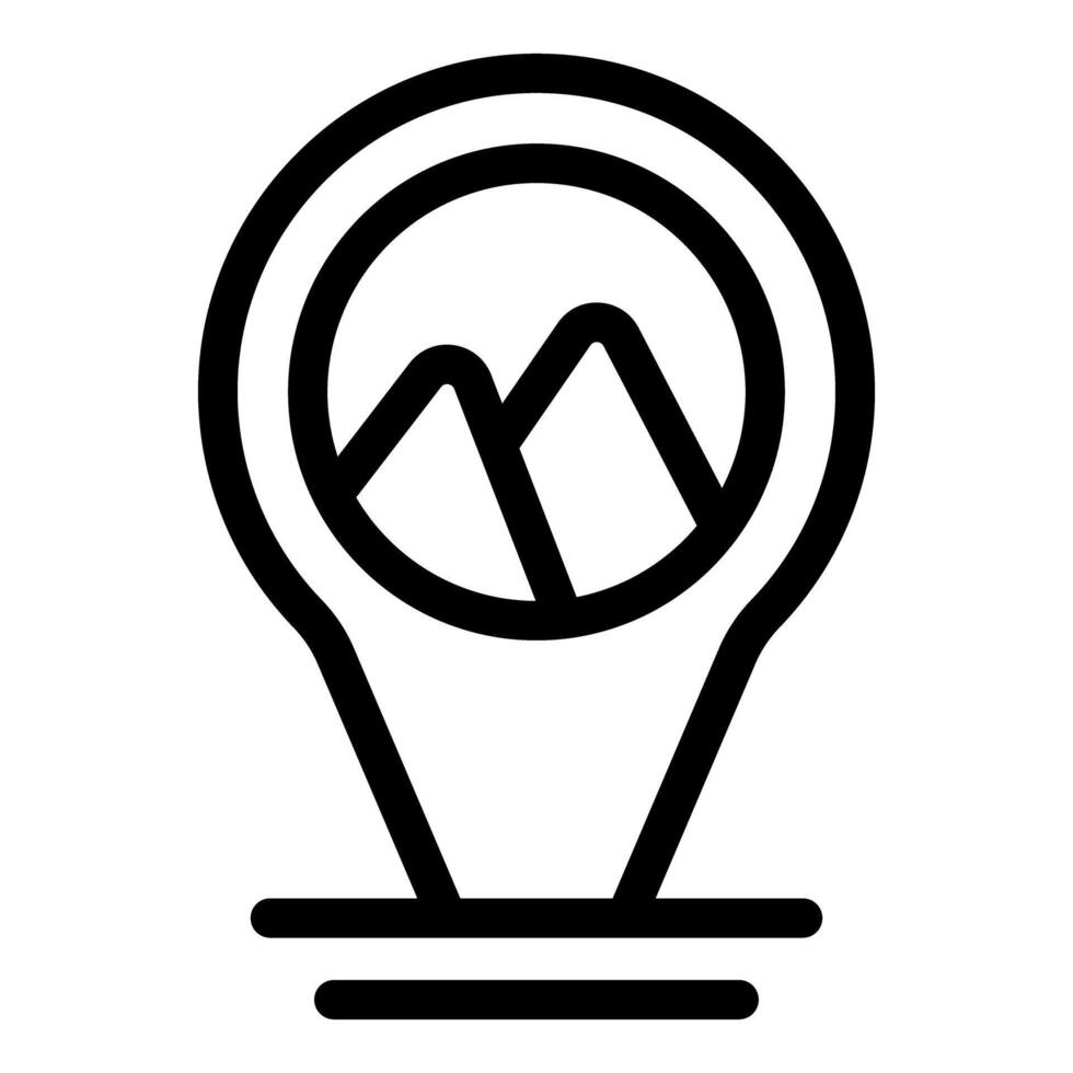 Black location pin icon showing mountain peaks for hiking or trekking vector