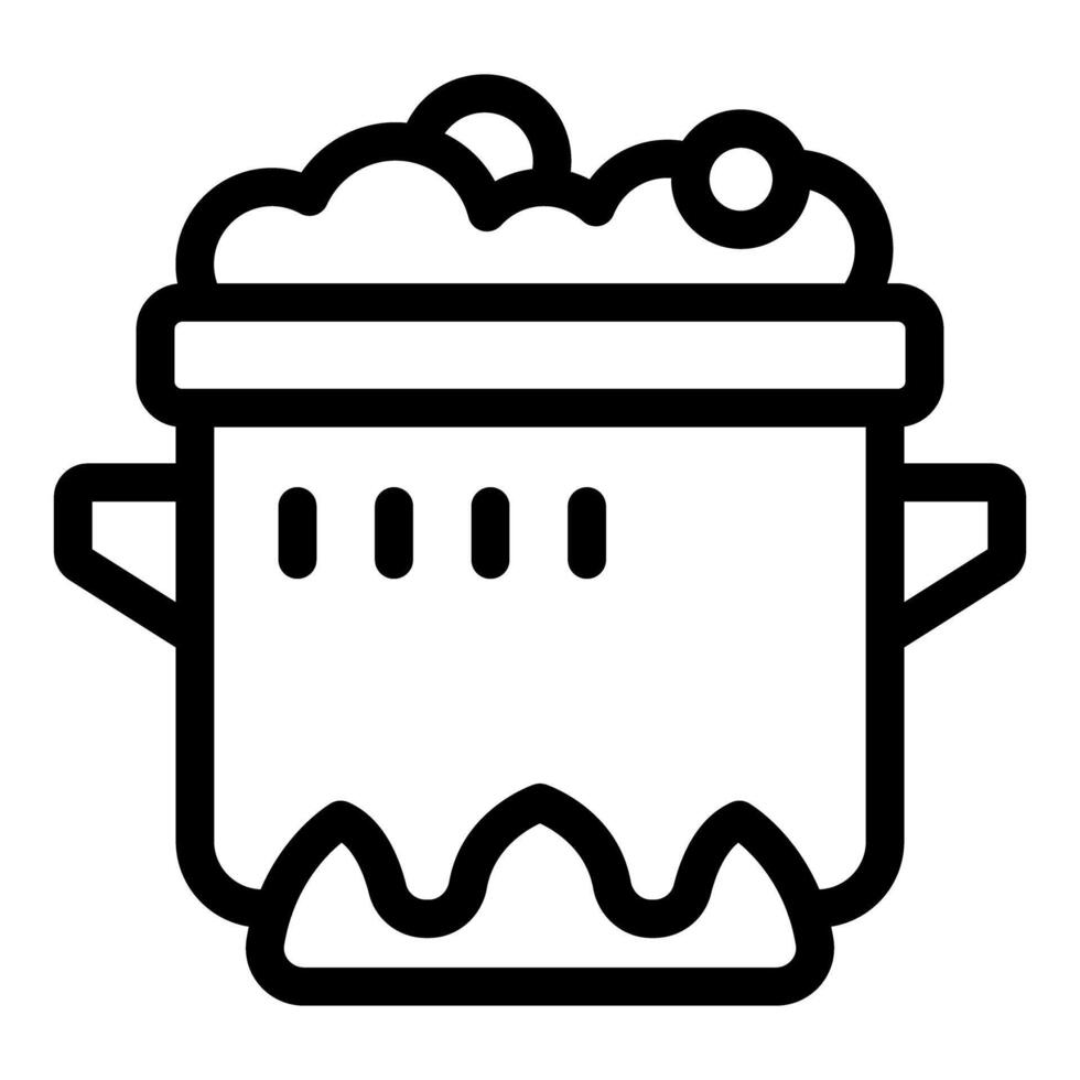 Cooking pot simmering over fire with bubbling water outline icon vector