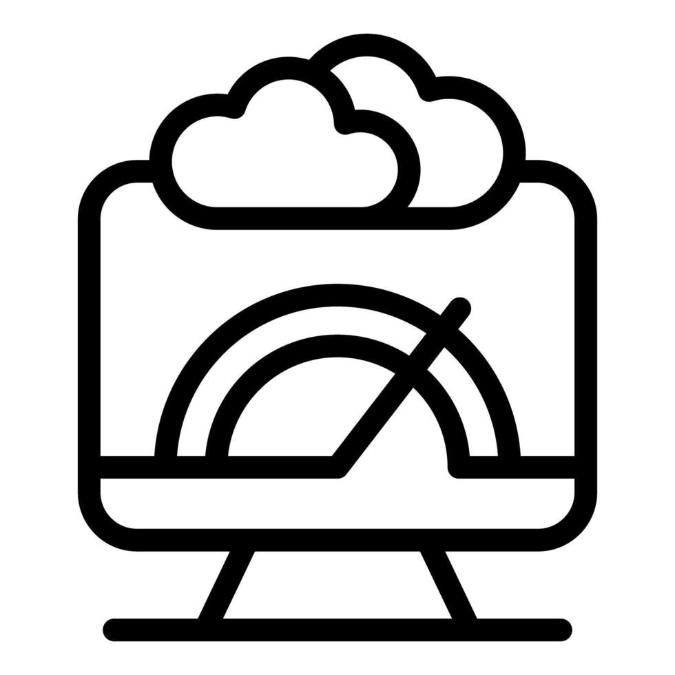 Computer showing speedometer with clouds representing cloud computing speed vector
