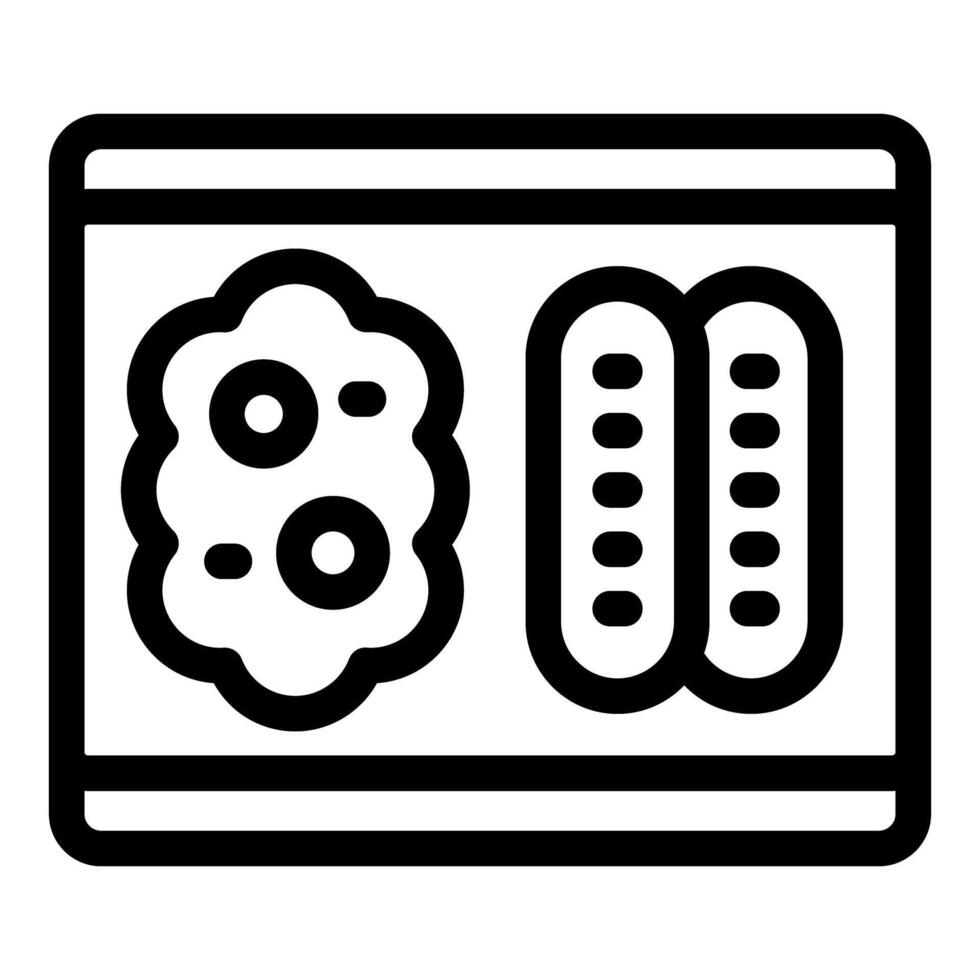 Lunchbox containing sausages and mashed potatoes with cutlets icon outline vector