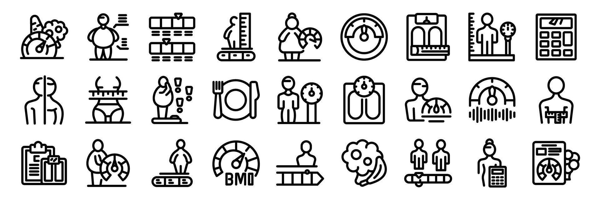 BMI icons set. People measuring body mass index with weight scale and calculator icons set vector