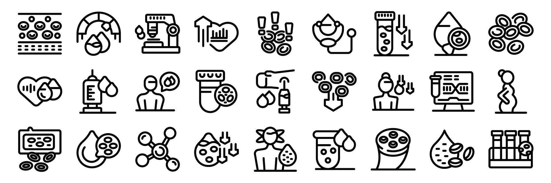 Anemia icons set. Scientists studying and analyzing blood cells in laboratory vector