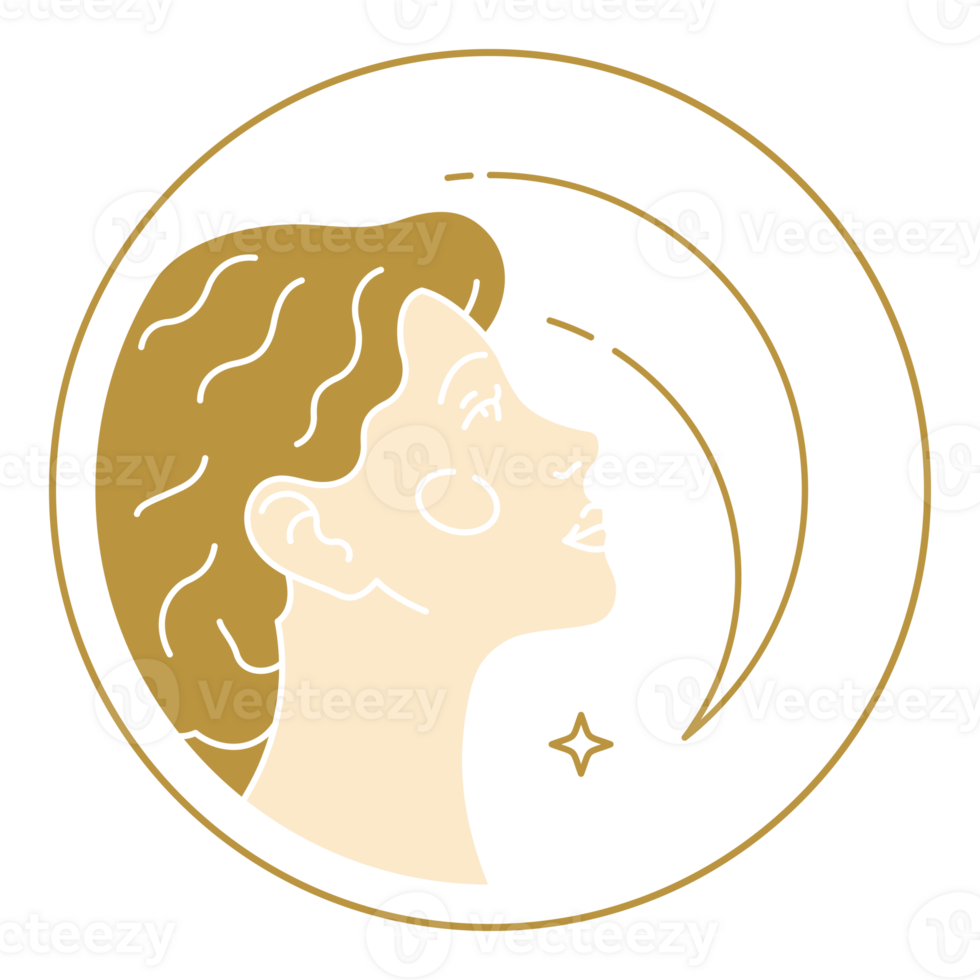 Profile of a woman with crescents and a star in an circle frame png