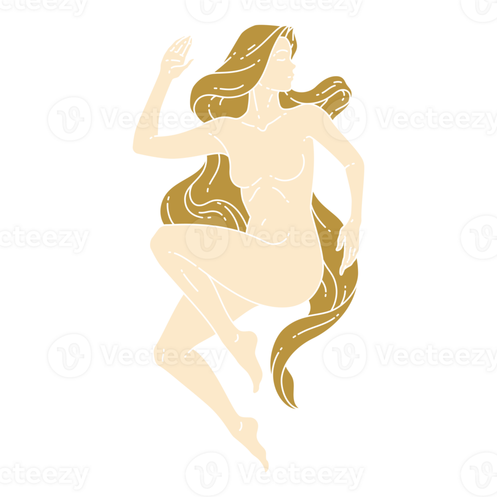 Naked woman sleeping in a fetal position line art beige and gold illustration png
