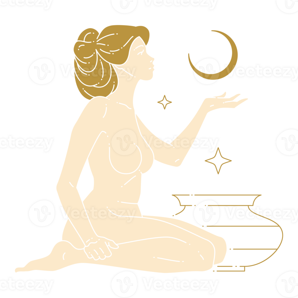 Beautiful woman sits and pulls her hand to crescent line art illustration png