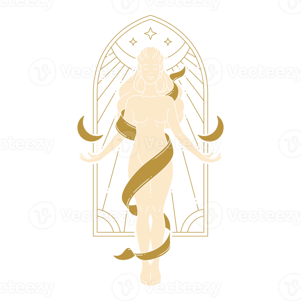 A sacred woman with closed eyes meditates with crescents in her hands against the window png