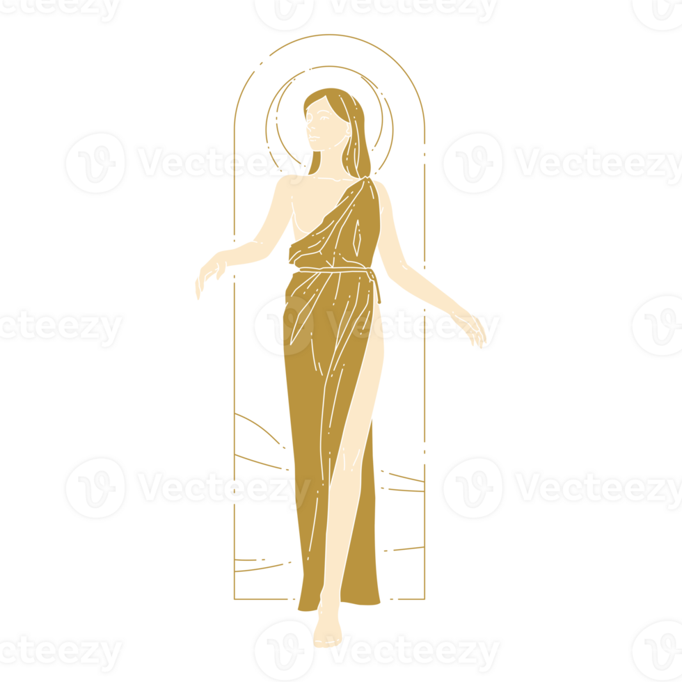 Standing woman in antique clothes with a crescent behind her head line art illustration png