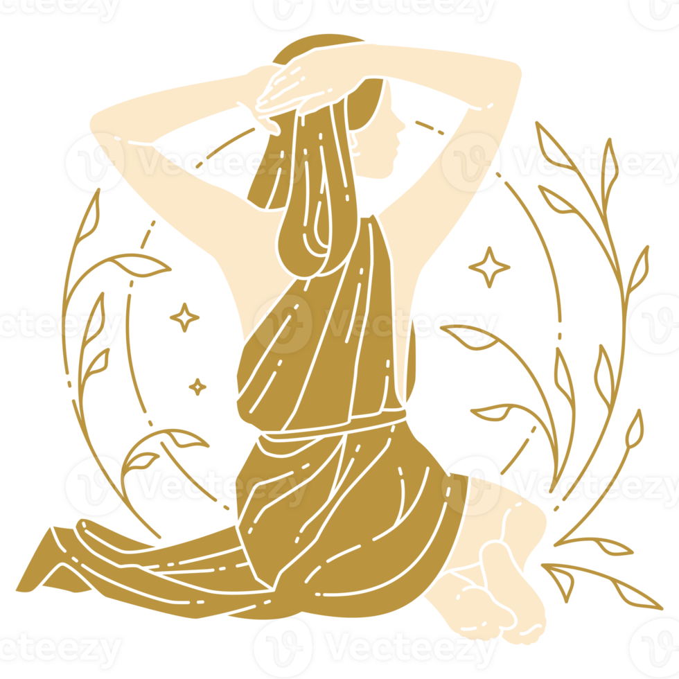 Portrait of a woman sitting with a floral ornament on the background png