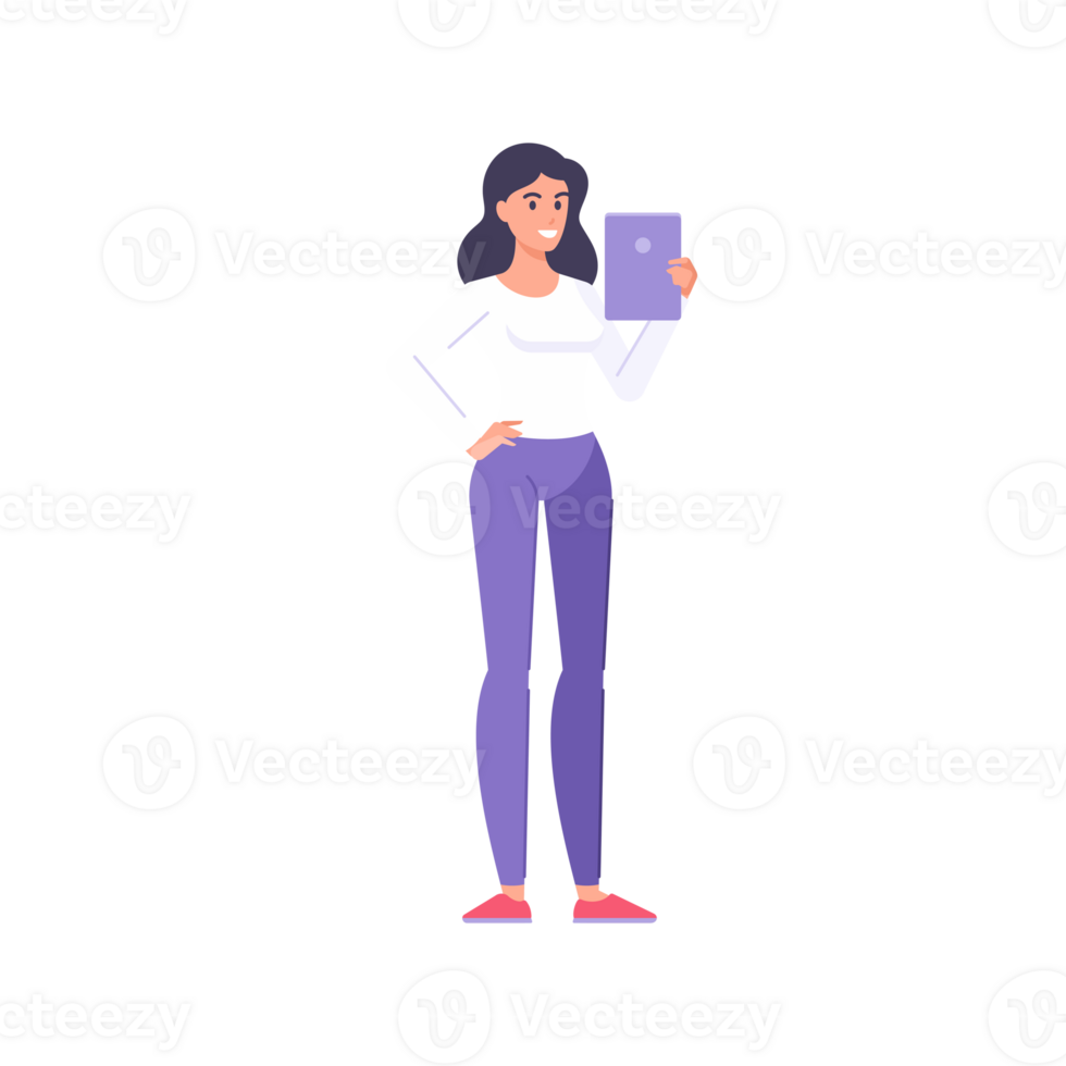 Happy modern casual woman carrying tablet pc enjoying digital display technology flat illustration png