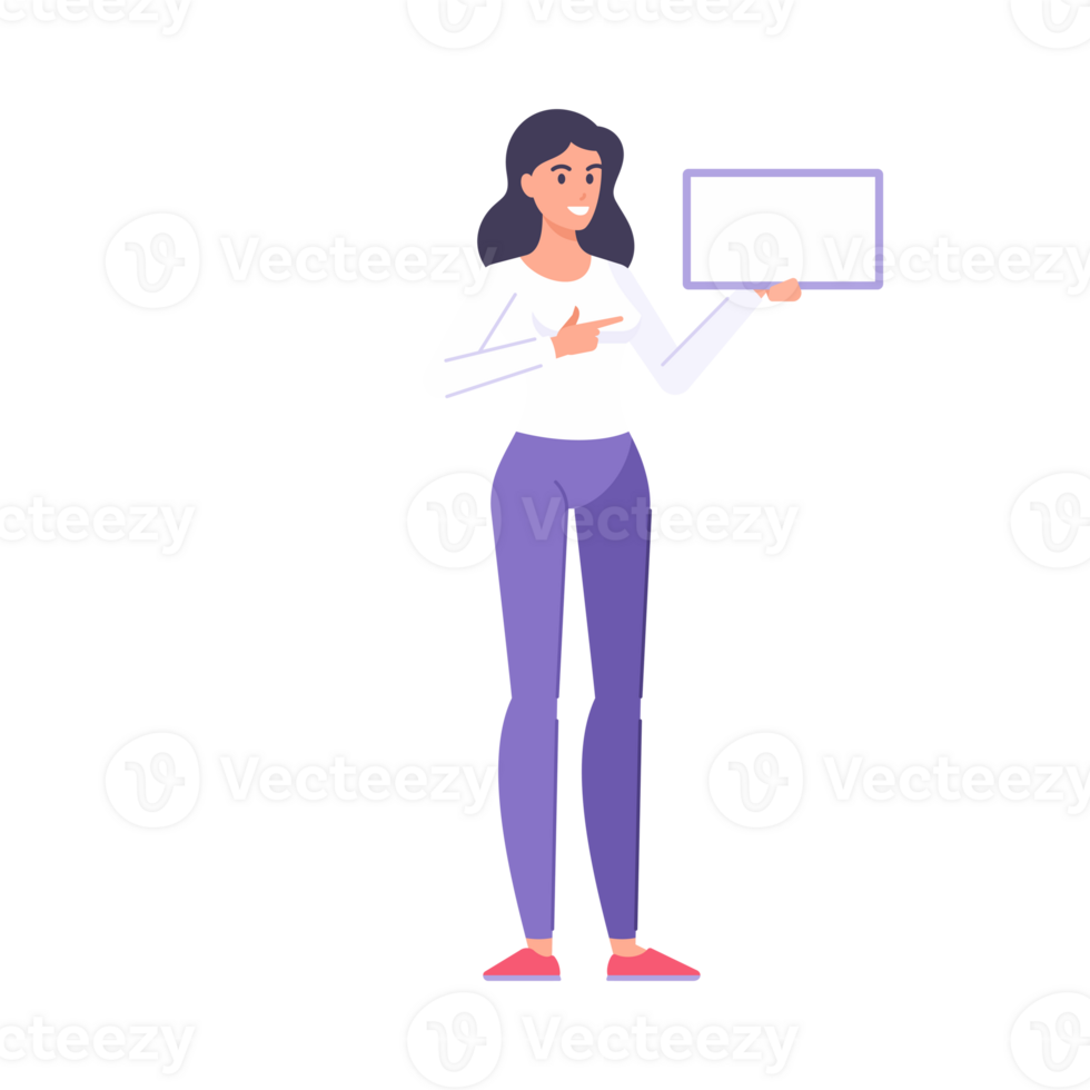 Happy modern brunette woman pointing forefinger rectangle empty copy space banner billboard png