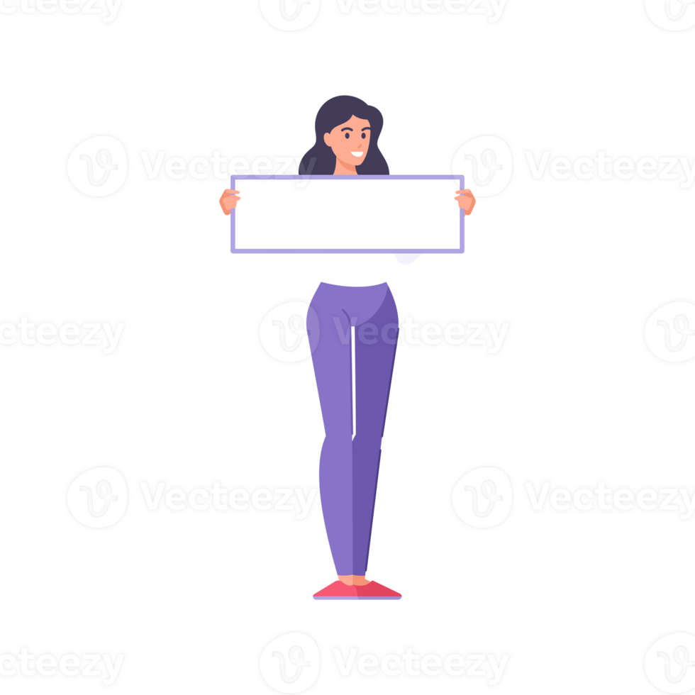 Cute young brunette woman holding horizontal rectangle banner with copy space for announce message png