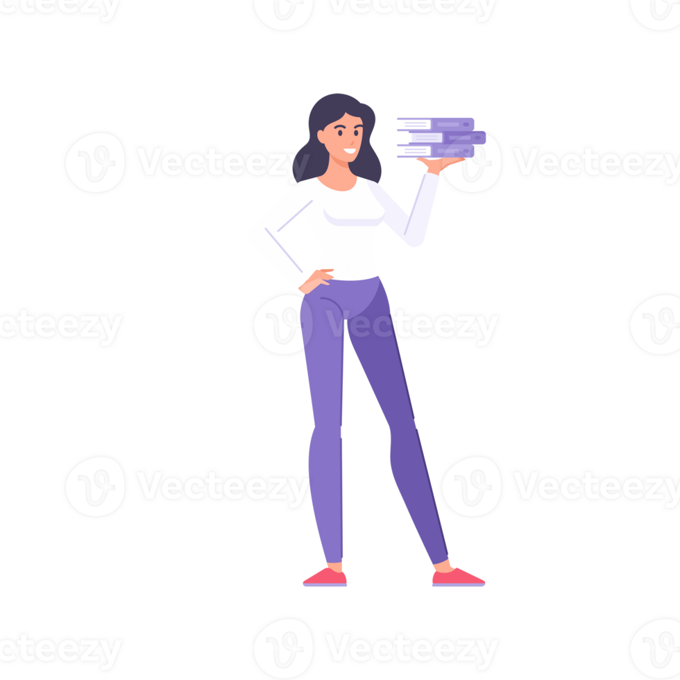 Smiling business woman posing with stack of paper folders document for working archive storage png