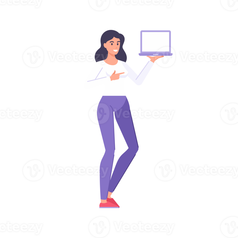 Happy modern woman pointing finger on laptop screen empty copy space internet marketing png