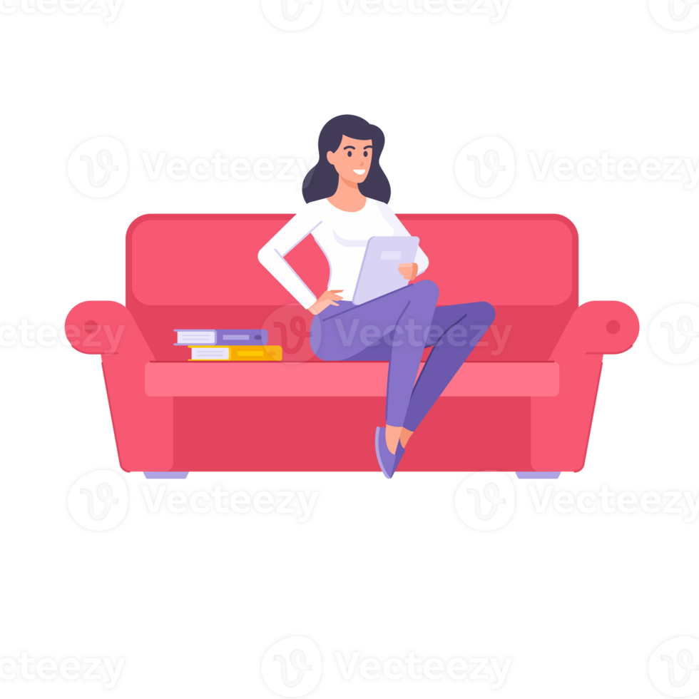 Smiling business woman working at home sitting on couch with tablet pc at stack paper documents png