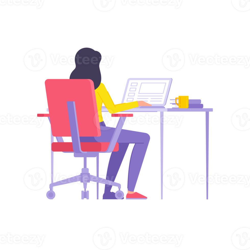 Back view modern woman working laptop browsing internet website sitting at desk workplace png