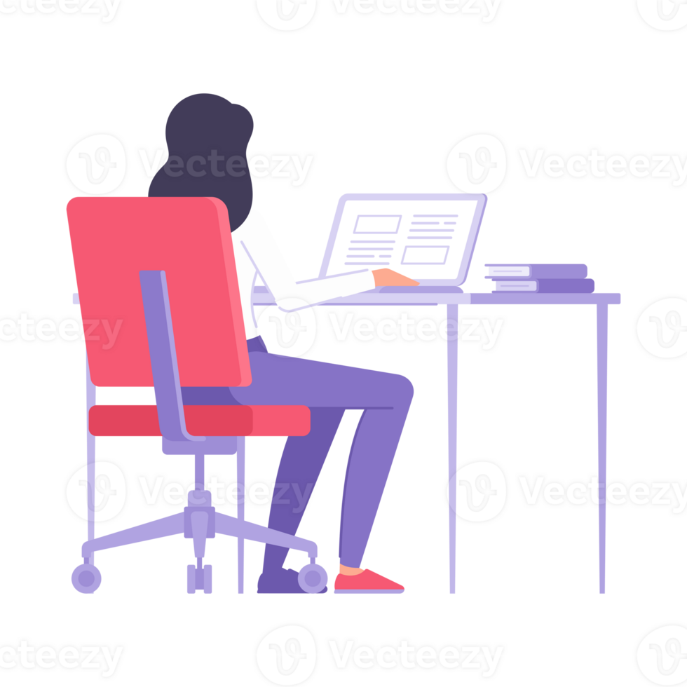 Back view female student online elearning distance education sitting desk laptop with stack of books png