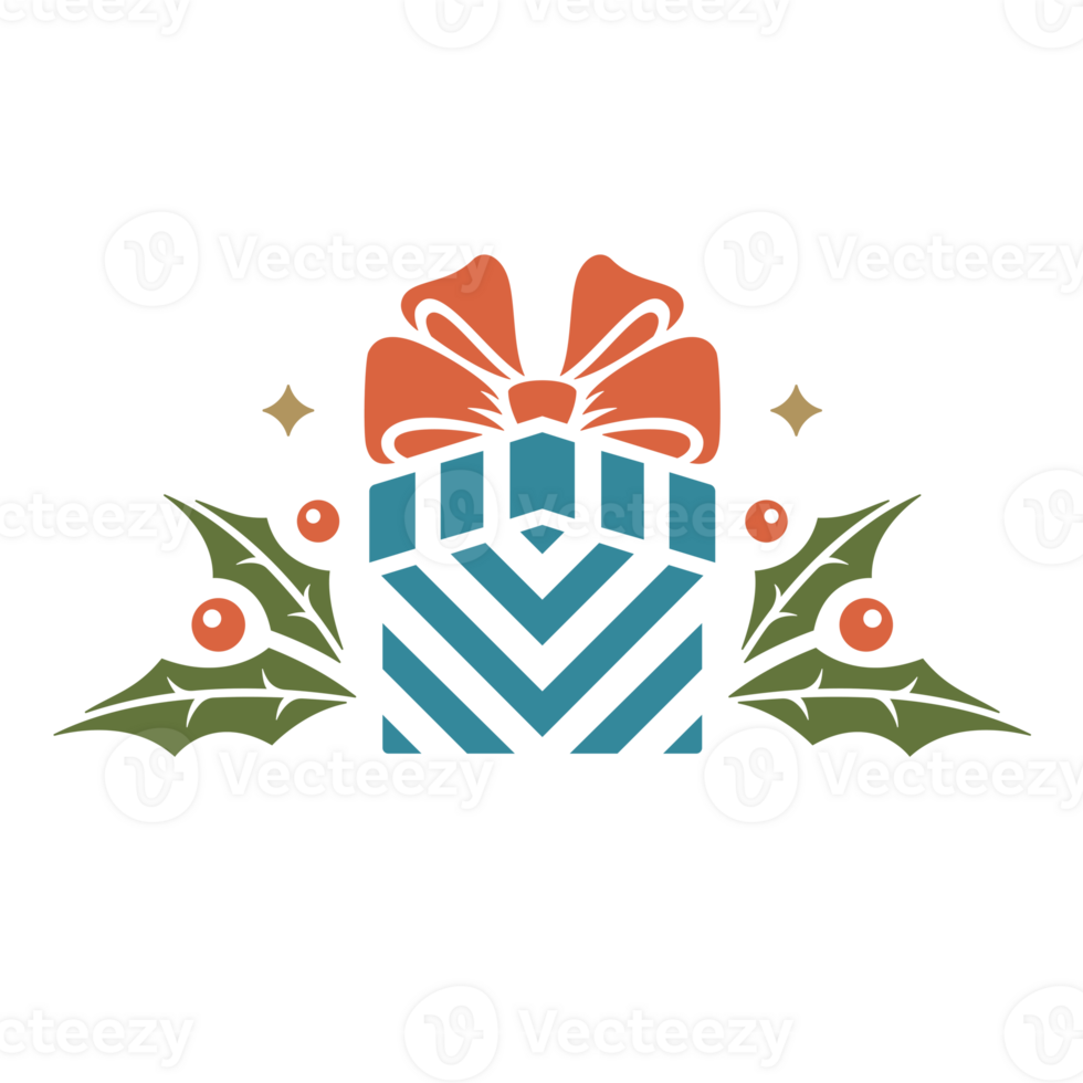 Blue striped Christmas gift box with red bow and mistletoe leaves png