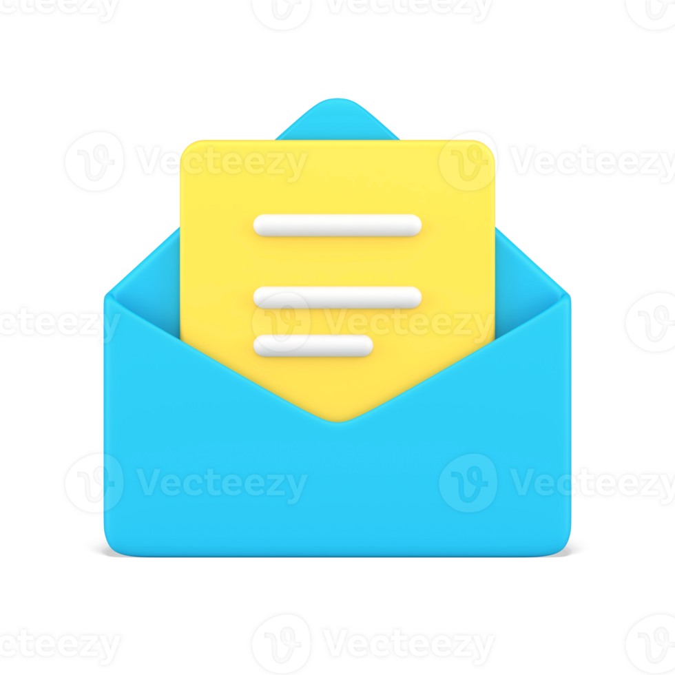 Document in blue 3d envelope. Yellow volumetric sheet of paper with white text png