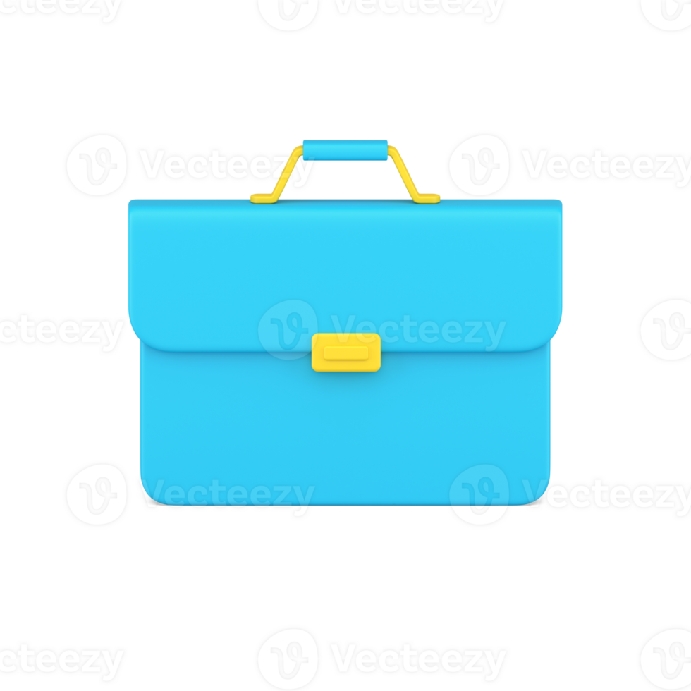 Bright blue briefcase with handle for carrying and golden clasp 3d icon illustration png