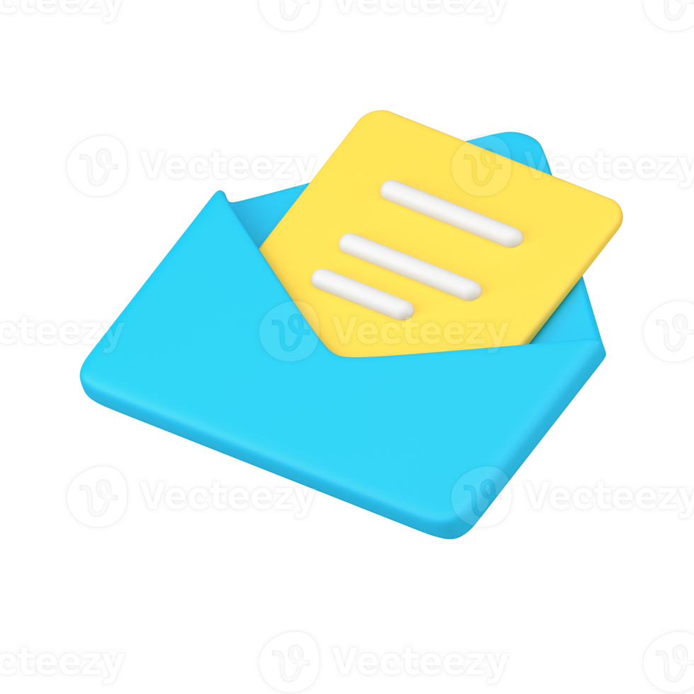 Message in blue 3d envelope. Volumetric sheet of paper with text png