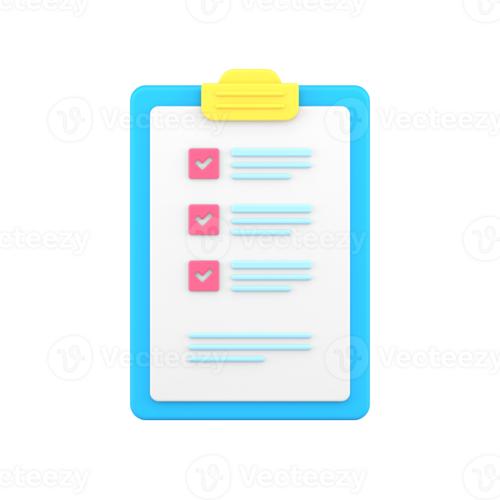 Checklist on 3d clipboard paper. Document in test form with check marks and stripes abstract questions png