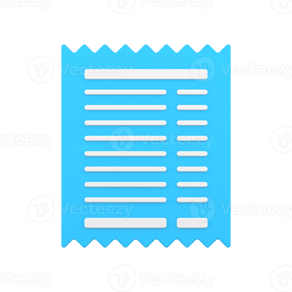 Blue receipt 3d icon. Paper slip with jagged sides png