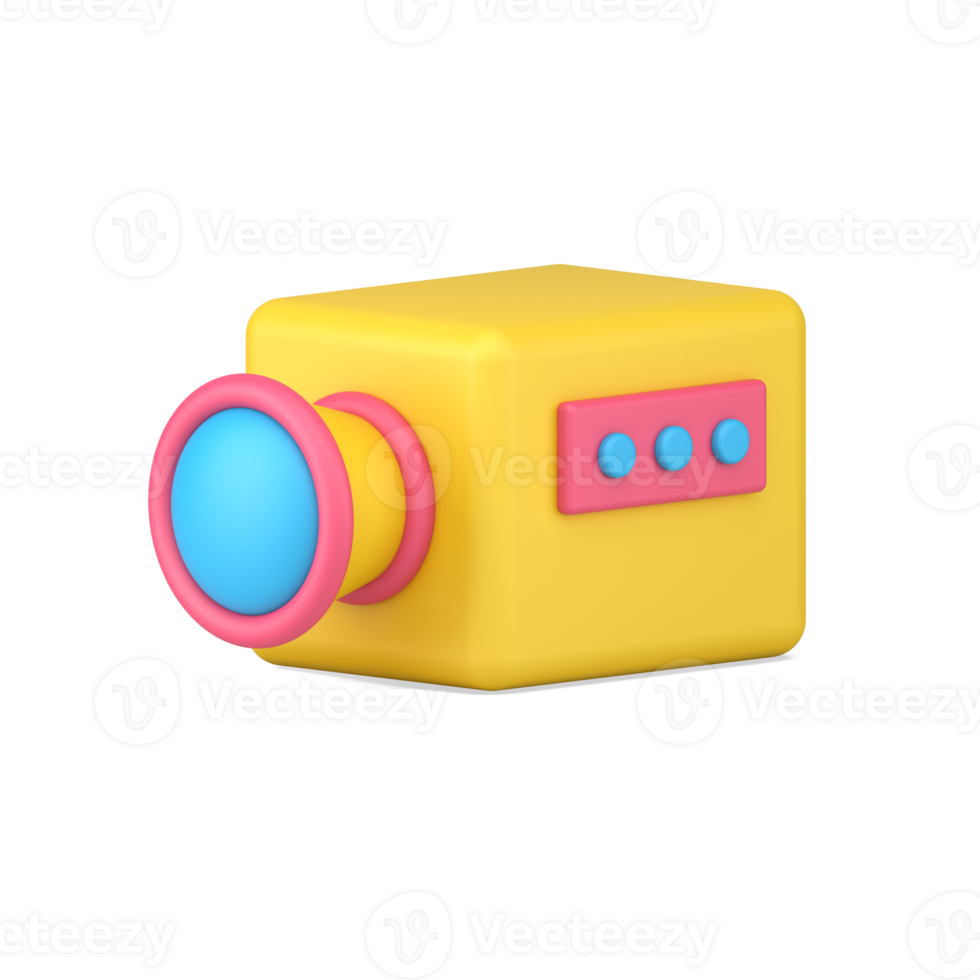 camera 3d icon. Yellow media device with lens and buttons. png