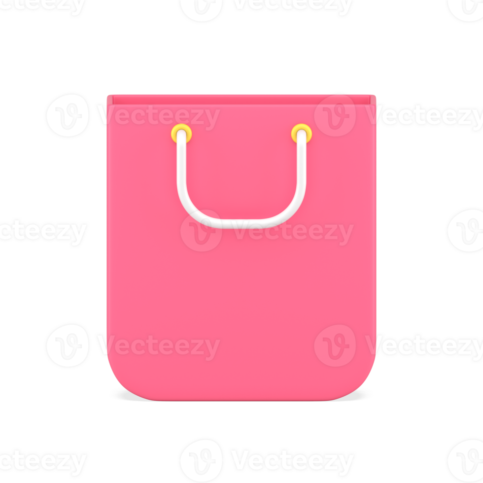 Pink shopping bag 3d icon. Paper bag with white handles for purchased products png