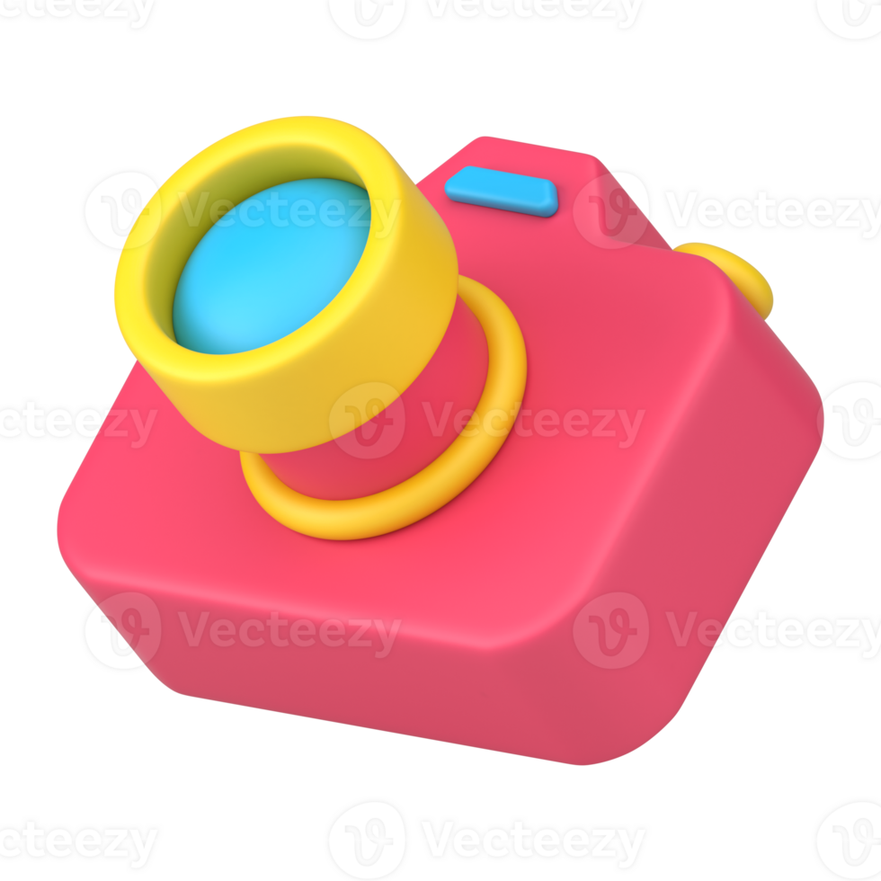 Vintage photo camera 3d icon. Red gadget with lens and buttons png