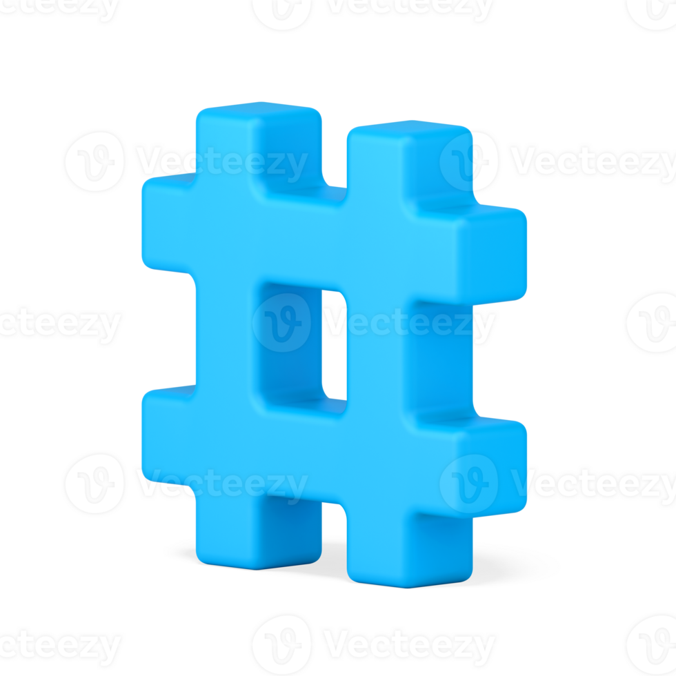 Hashtag symbol 3d icon. Blue sign hashing messages in media space png