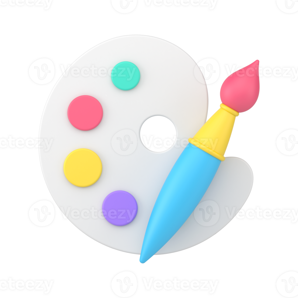 Palette with paints and brush 3d icon. Purple, yellow, pink and turquoise color on chalkboard png
