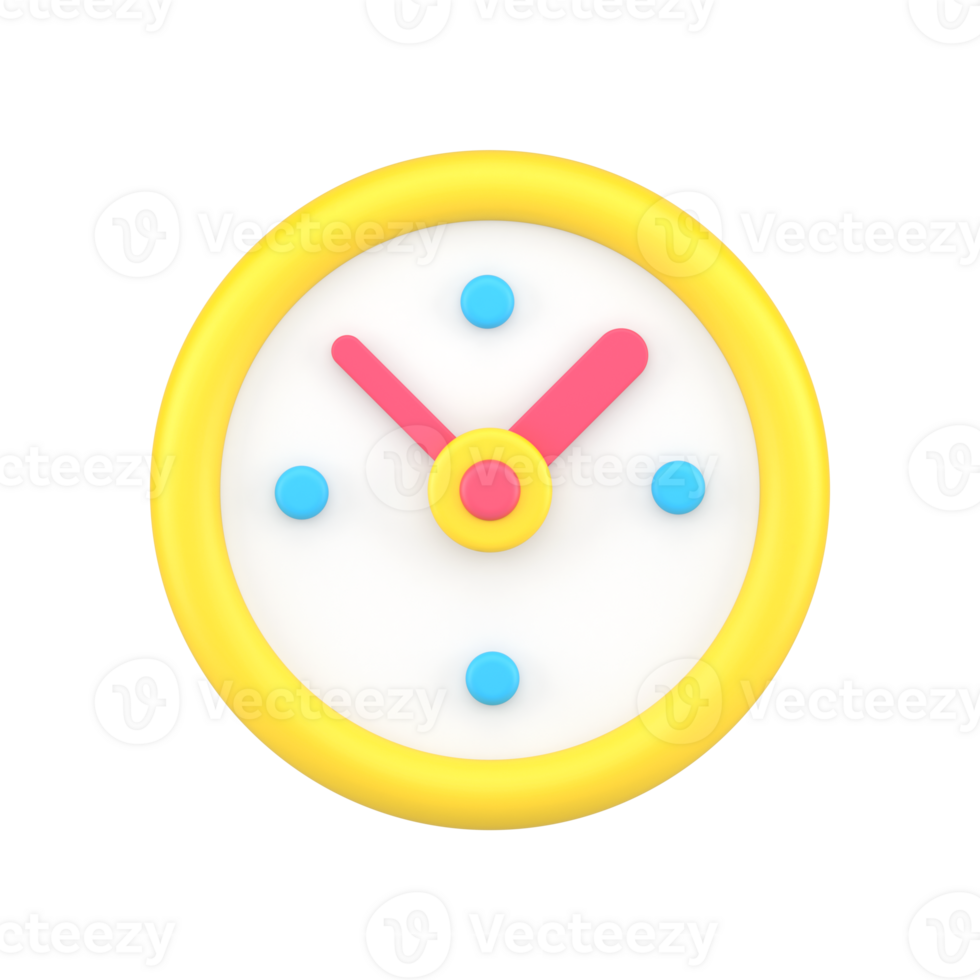 Rounded yellow alarm clock with time arrows 3d icon illustration. Circle badge analog watch png
