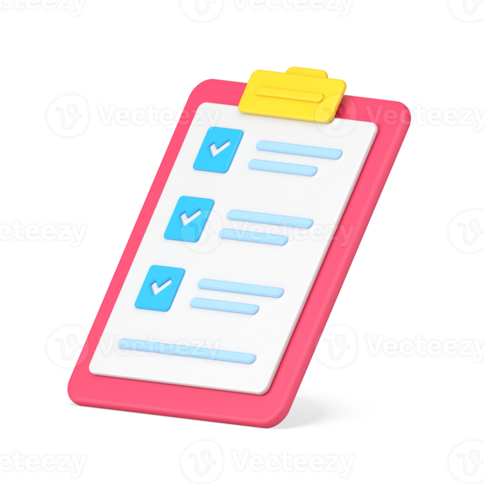 Folder tablet with tests 3d icon. Questionnaire sheet with text and marked check marks png