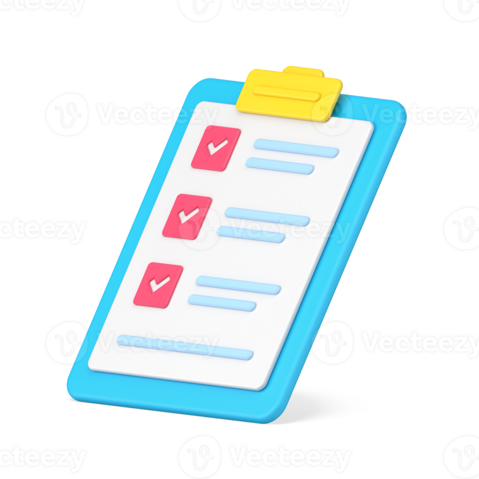 Folder tablet with tests 3d icon. Questionnaire sheet with text and marked check marks png