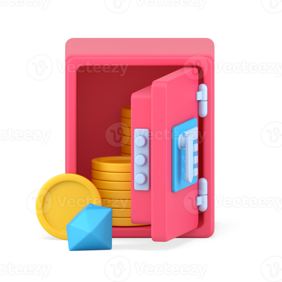 Open 3D safe with gold coins and diamonds. Pink armored vault with dropped gem and yellow circles png
