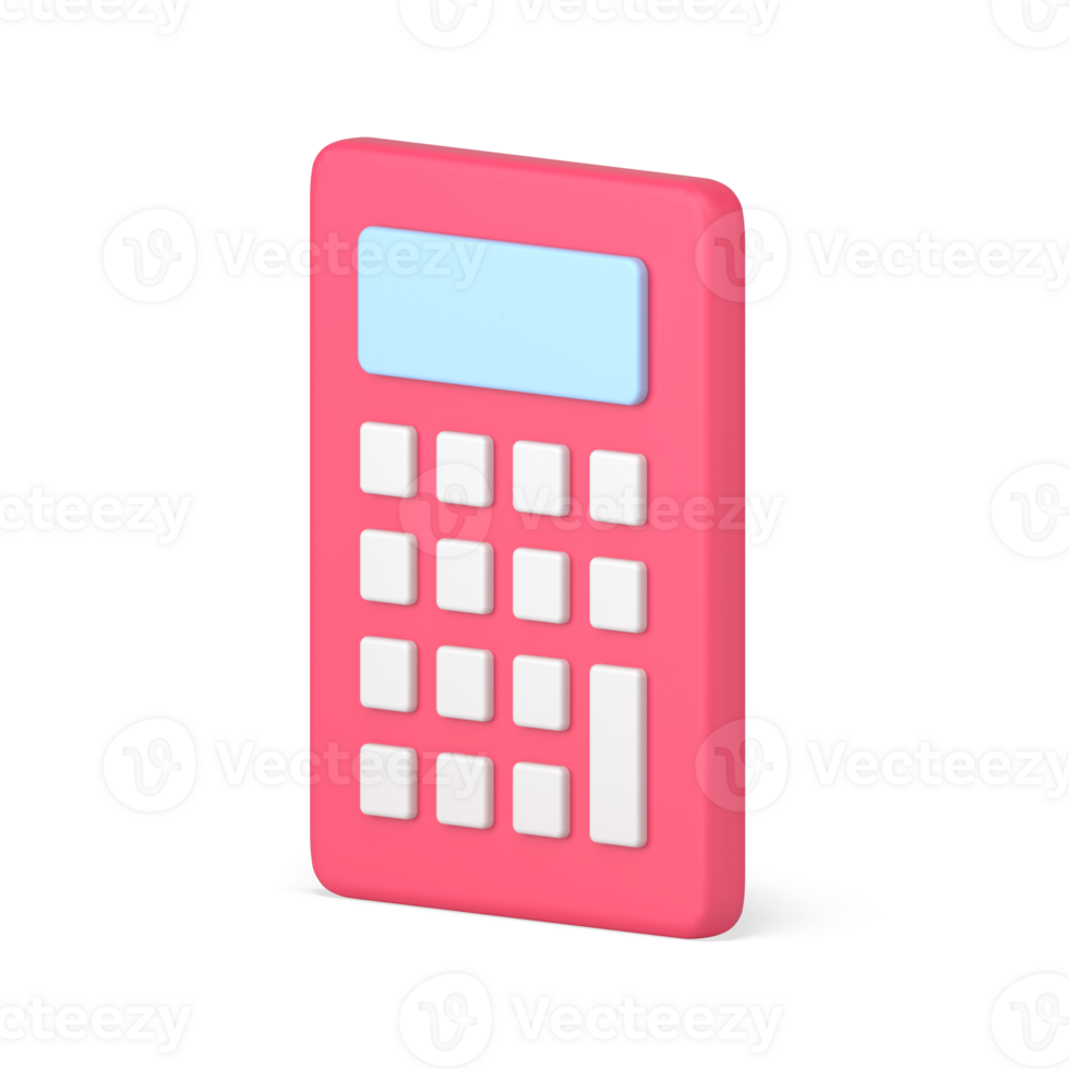 Red calculator 3d icon. Computing device with white buttons png