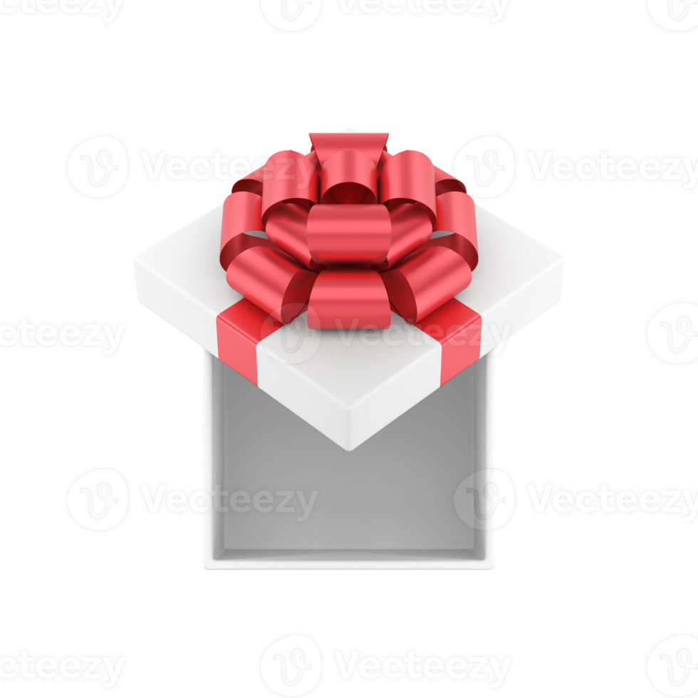 Christmas white square gift box with open lid top view. Festive present with red ribbons and fluffy bow png