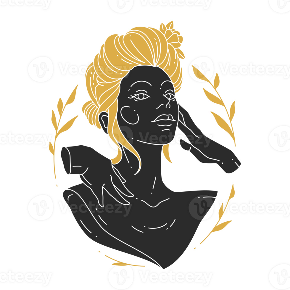 Woman portrait as sculpture with leaves modern silhouette drawing style png