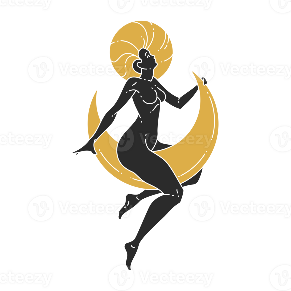 Beauty woman sitting on moon and stars silhouette png